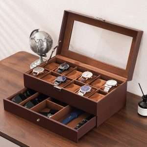 ProCase Watch Box for Men, 12 Slot Mens Watch Case With Drawer, Watch Display Case With Glass Lid, 2-Layer Watch Holder Organizer, Jewelry and Watch Storage for Men Women -12Slot, Espresso - 6