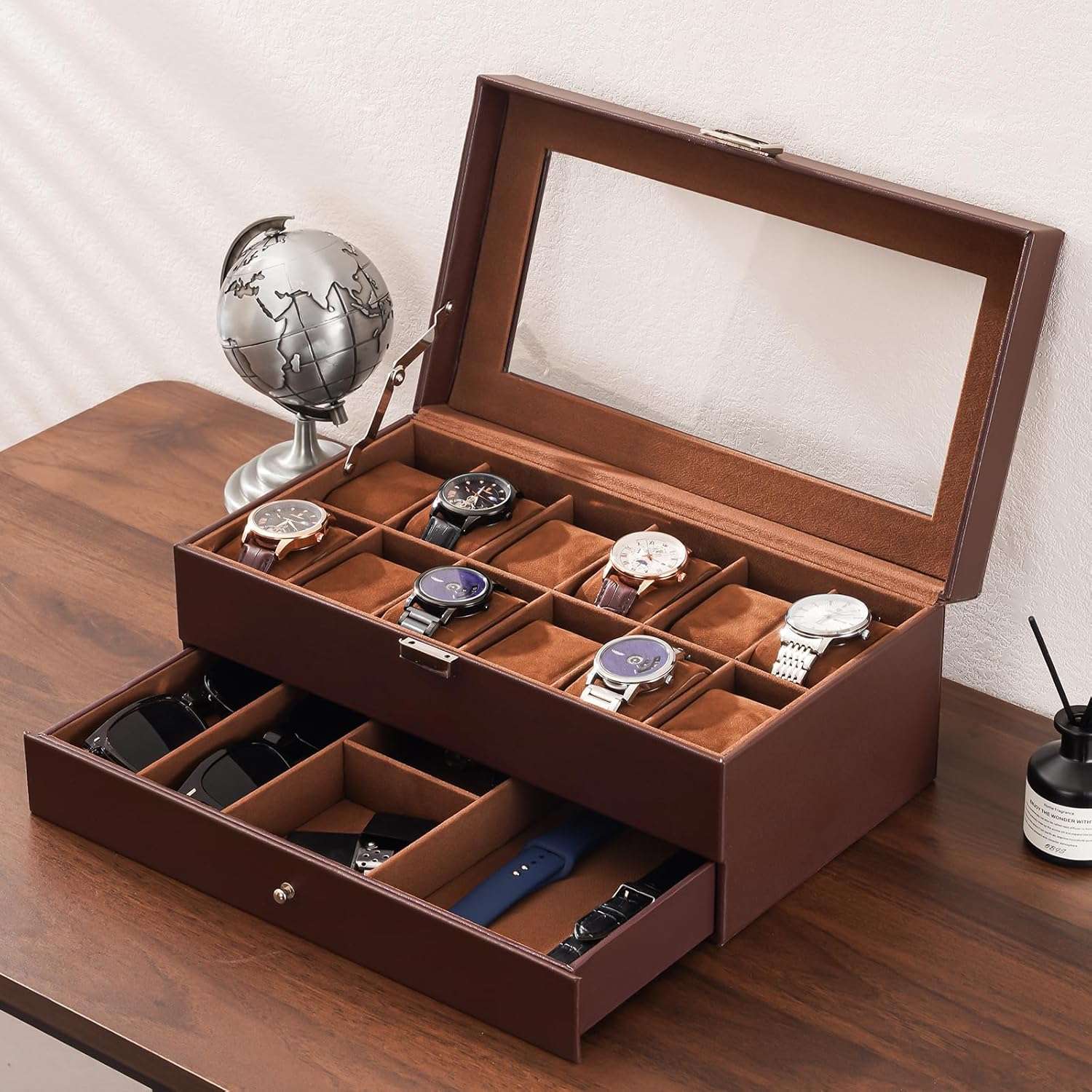 ProCase Watch Box for Men, 12 Slot Mens Watch Case With Drawer, Watch Display Case With Glass Lid, 2-Layer Watch Holder Organizer, Jewelry and Watch Storage for Men Women -12Slot, Espresso - 6