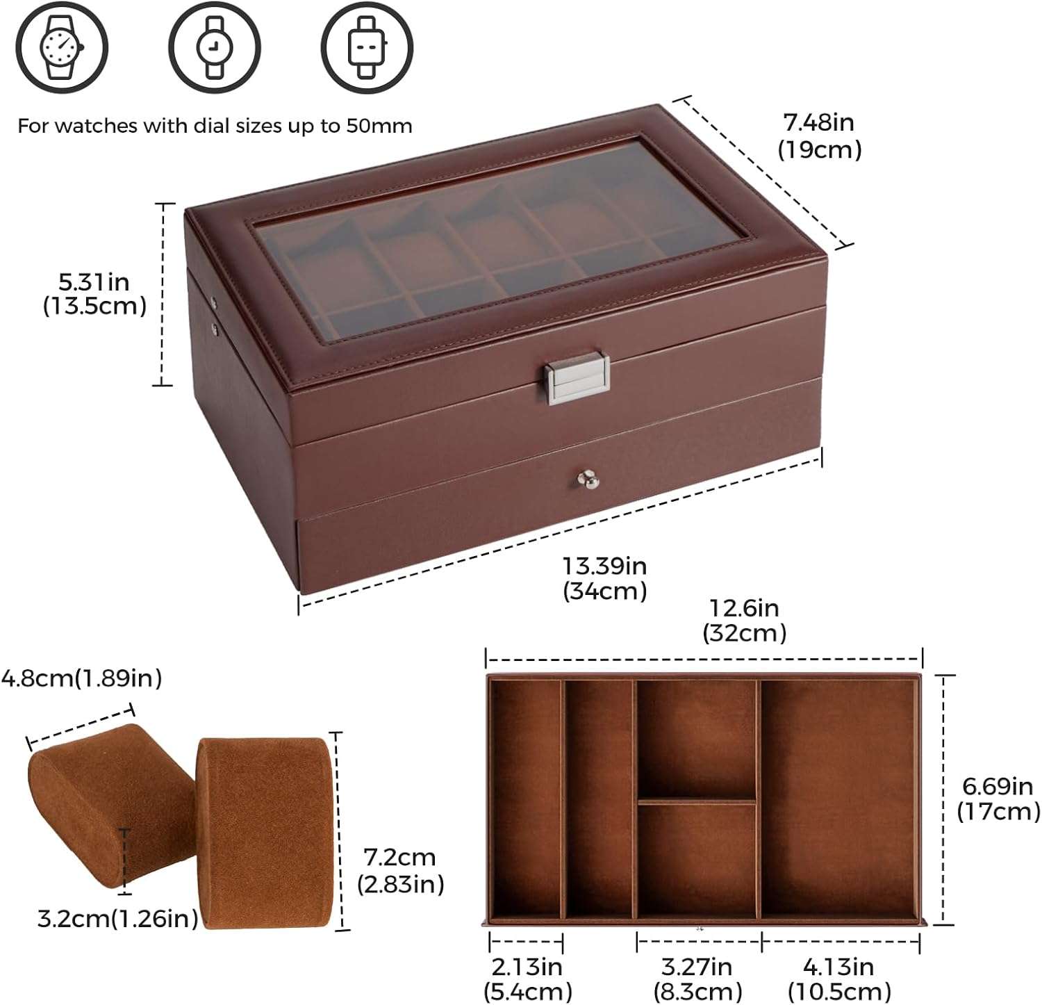 ProCase Watch Box for Men, 12 Slot Mens Watch Case With Drawer, Watch Display Case With Glass Lid, 2-Layer Watch Holder Organizer, Jewelry and Watch Storage for Men Women -12Slot, Espresso - 7