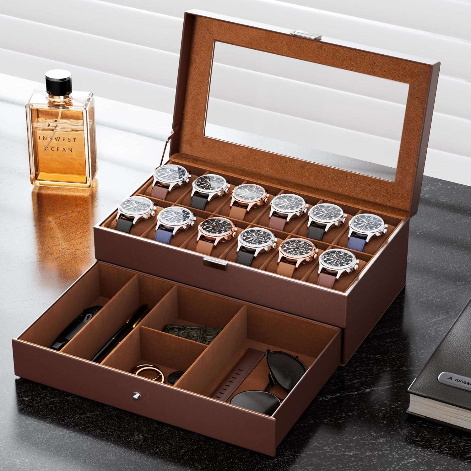 ProCase Watch Box for Men, 12 Slot Mens Watch Case With Drawer, Watch Display Case With Glass Lid, 2-Layer Watch Holder Organizer, Jewelry and Watch Storage for Men Women -12Slot, Espresso - 9
