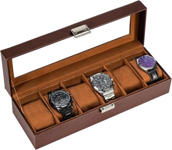 ProCase Watch Box for Men, 6 Slot Mens Watch Case, Watch Storage Watch Holder Organizer for Men, Watch Display Case With Glass Lid -6 Slot, Brown - 1
