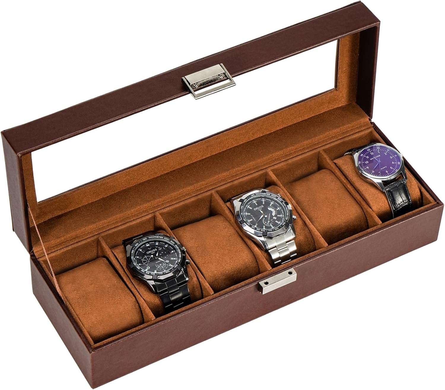 ProCase Watch Box for Men, 6 Slot Mens Watch Case, Watch Storage Watch Holder Organizer for Men, Watch Display Case With Glass Lid -6 Slot, Brown - 1
