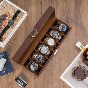 ProCase Watch Box for Men, 6 Slot Mens Watch Case, Watch Storage Watch Holder Organizer for Men, Watch Display Case With Glass Lid -6 Slot, Brown - 2