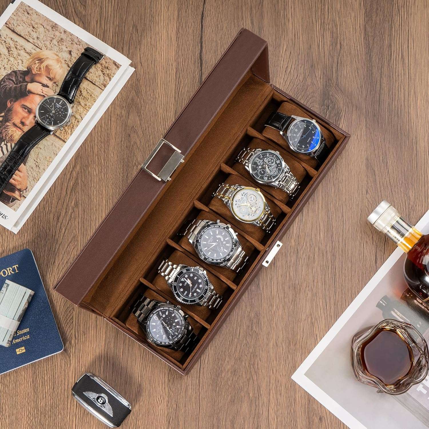 ProCase Watch Box for Men, 6 Slot Mens Watch Case, Watch Storage Watch Holder Organizer for Men, Watch Display Case With Glass Lid -6 Slot, Brown - 2