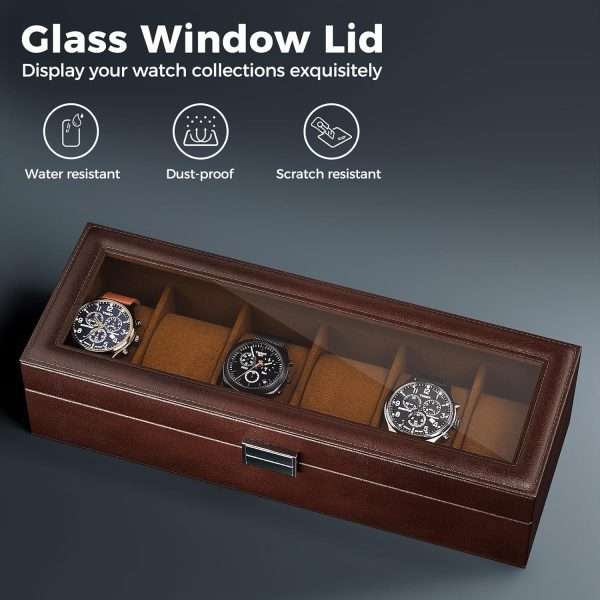 ProCase Watch Box for Men, 6 Slot Mens Watch Case, Watch Storage Watch Holder Organizer for Men, Watch Display Case With Glass Lid -6 Slot, Brown - 3