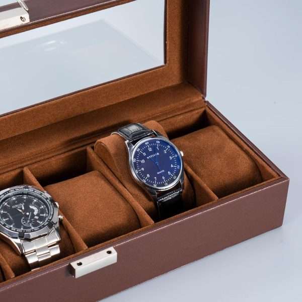 ProCase Watch Box for Men, 6 Slot Mens Watch Case, Watch Storage Watch Holder Organizer for Men, Watch Display Case With Glass Lid -6 Slot, Brown - 4
