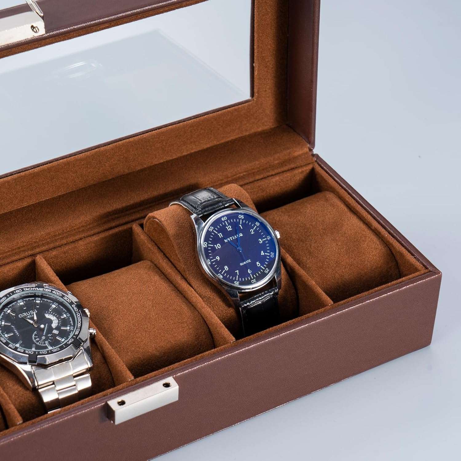 ProCase Watch Box for Men, 6 Slot Mens Watch Case, Watch Storage Watch Holder Organizer for Men, Watch Display Case With Glass Lid -6 Slot, Brown - 4