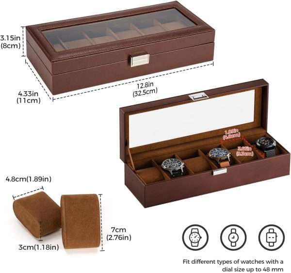 ProCase Watch Box for Men, 6 Slot Mens Watch Case, Watch Storage Watch Holder Organizer for Men, Watch Display Case With Glass Lid -6 Slot, Brown - 5