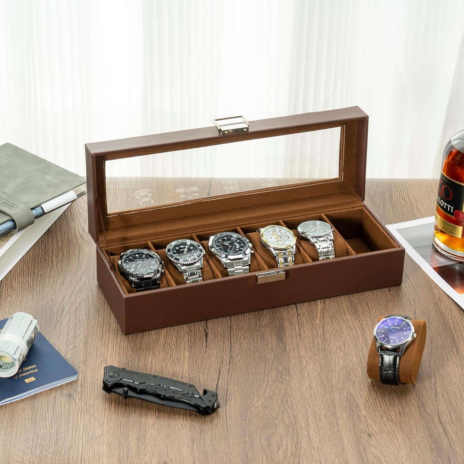 ProCase Watch Box for Men, 6 Slot Mens Watch Case, Watch Storage Watch Holder Organizer for Men, Watch Display Case With Glass Lid -6 Slot, Brown - 6