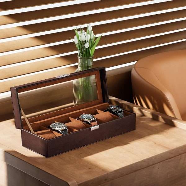 ProCase Watch Box for Men, 6 Slot Mens Watch Case, Watch Storage Watch Holder Organizer for Men, Watch Display Case With Glass Lid -6 Slot, Brown - 7