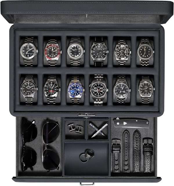 ROTHWELL Luxury Watch Box for 12 Watches – PU Leather Watch Box with Real Glass Lid – Slide out Accessory Drawer with Multiple Compartments (Carbon) - 1
