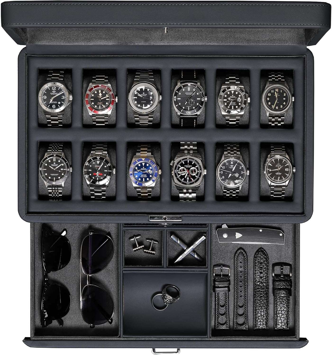 ROTHWELL Luxury Watch Box for 12 Watches – PU Leather Watch Box with Real Glass Lid – Slide out Accessory Drawer with Multiple Compartments (Carbon) - 1