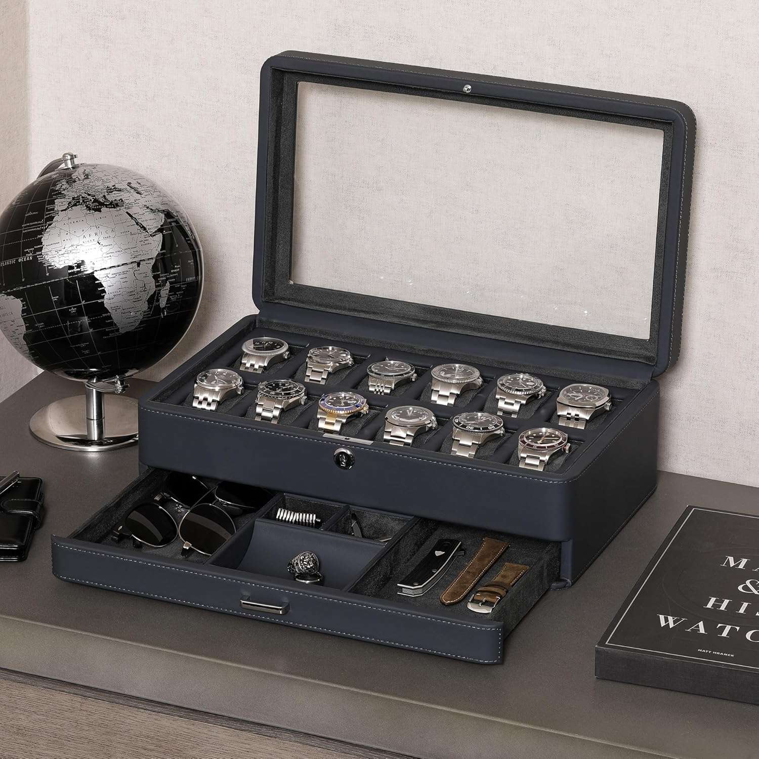 ROTHWELL Luxury Watch Box for 12 Watches – PU Leather Watch Box with Real Glass Lid – Slide out Accessory Drawer with Multiple Compartments (Carbon) - 2