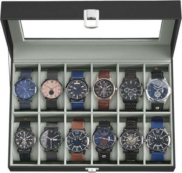 SONGMICS Watch Box, 12-Slot Watch Case with Large Glass Lid, Removable Watch Pillows, Watch Box Organizer, Christmas Gift , Black Synthetic Leather, Gray Lining - 1