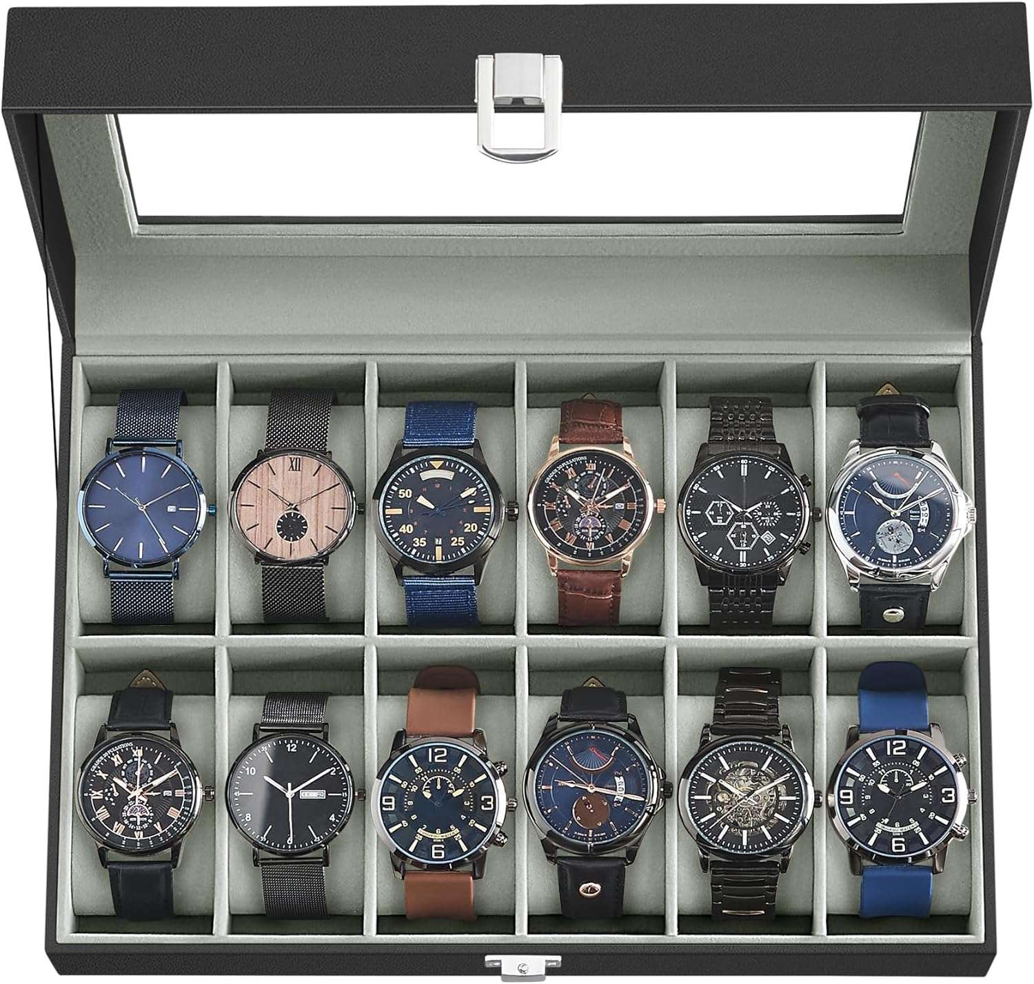SONGMICS Watch Box, 12-Slot Watch Case with Large Glass Lid, Removable Watch Pillows, Watch Box Organizer, Christmas Gift , Black Synthetic Leather, Gray Lining - 1
