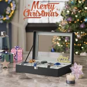 SONGMICS Watch Box, 12-Slot Watch Case with Large Glass Lid, Removable Watch Pillows, Watch Box Organizer, Christmas Gift , Black Synthetic Leather, Gray Lining - 2