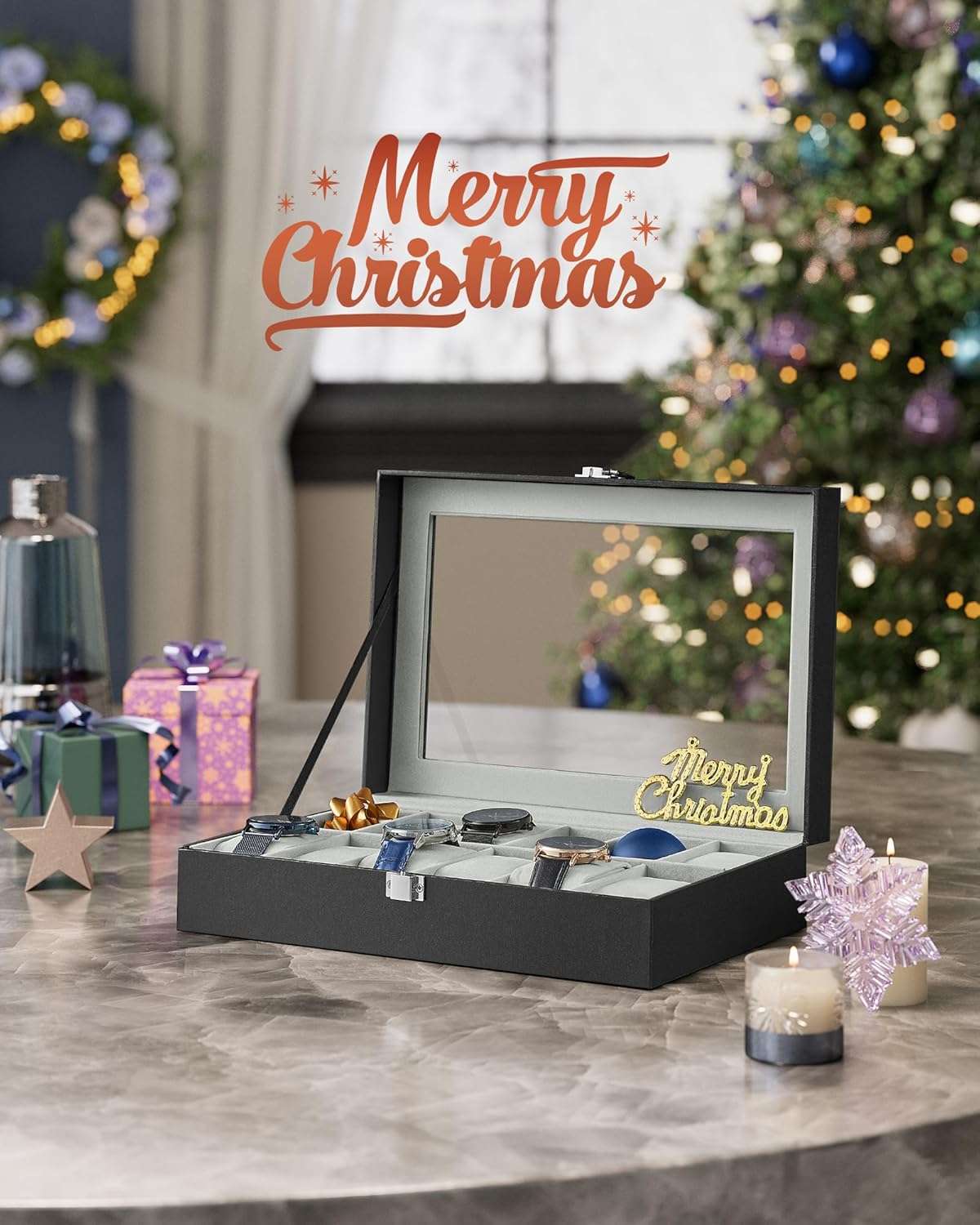 SONGMICS Watch Box, 12-Slot Watch Case with Large Glass Lid, Removable Watch Pillows, Watch Box Organizer, Christmas Gift , Black Synthetic Leather, Gray Lining - 2