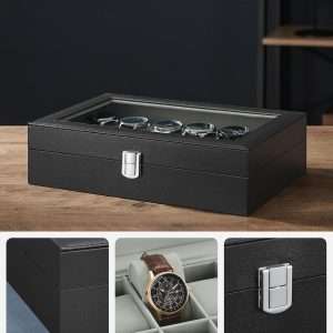 SONGMICS Watch Box, 12-Slot Watch Case with Large Glass Lid, Removable Watch Pillows, Watch Box Organizer, Christmas Gift , Black Synthetic Leather, Gray Lining - 3