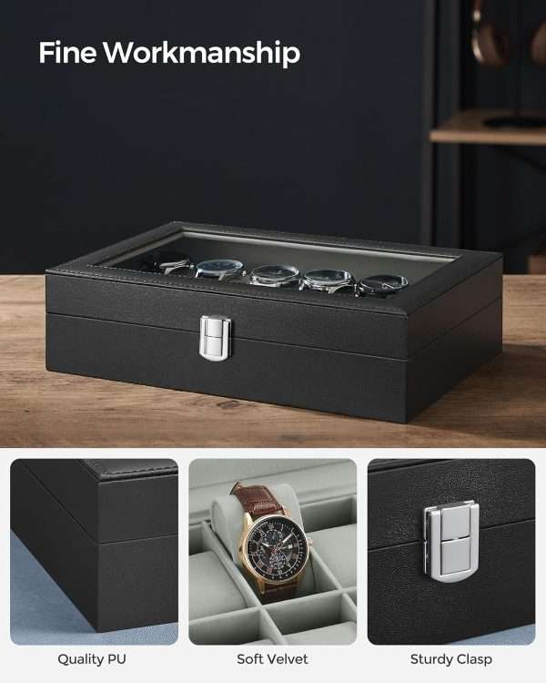 SONGMICS Watch Box, 12-Slot Watch Case with Large Glass Lid, Removable Watch Pillows, Watch Box Organizer, Christmas Gift , Black Synthetic Leather, Gray Lining - 3