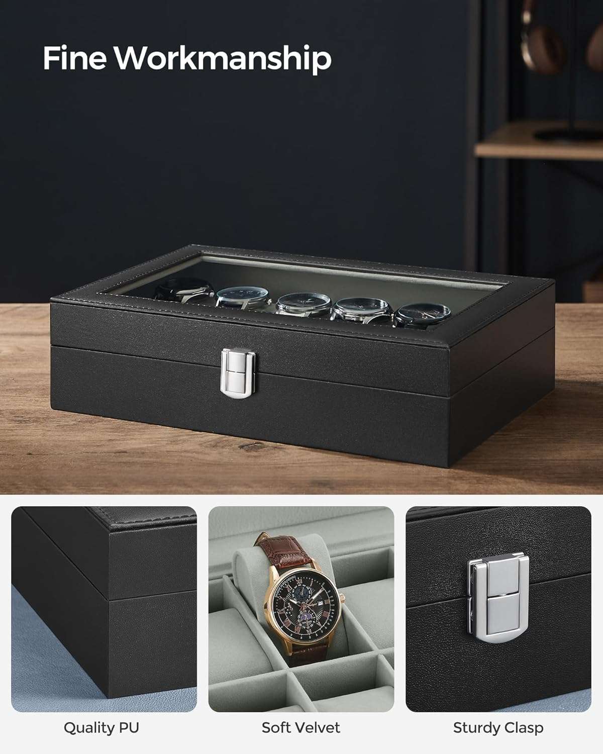 SONGMICS Watch Box, 12-Slot Watch Case with Large Glass Lid, Removable Watch Pillows, Watch Box Organizer, Christmas Gift , Black Synthetic Leather, Gray Lining - 3