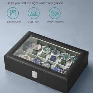 SONGMICS Watch Box, 12-Slot Watch Case with Large Glass Lid, Removable Watch Pillows, Watch Box Organizer, Christmas Gift , Black Synthetic Leather, Gray Lining - 4