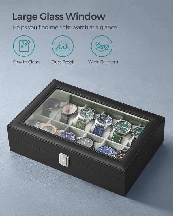 SONGMICS Watch Box, 12-Slot Watch Case with Large Glass Lid, Removable Watch Pillows, Watch Box Organizer, Christmas Gift , Black Synthetic Leather, Gray Lining - 4