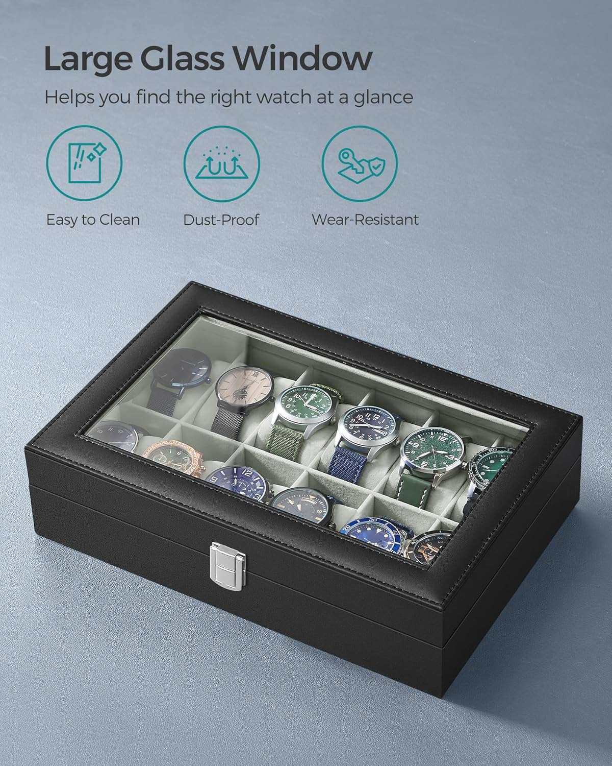 SONGMICS Watch Box, 12-Slot Watch Case with Large Glass Lid, Removable Watch Pillows, Watch Box Organizer, Christmas Gift , Black Synthetic Leather, Gray Lining - 4
