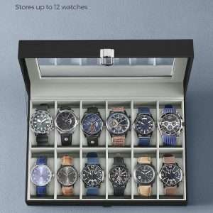 SONGMICS Watch Box, 12-Slot Watch Case with Large Glass Lid, Removable Watch Pillows, Watch Box Organizer, Christmas Gift , Black Synthetic Leather, Gray Lining - 5