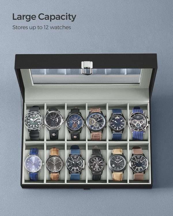 SONGMICS Watch Box, 12-Slot Watch Case with Large Glass Lid, Removable Watch Pillows, Watch Box Organizer, Christmas Gift , Black Synthetic Leather, Gray Lining - 5