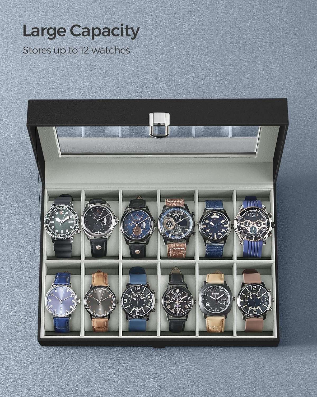 SONGMICS Watch Box, 12-Slot Watch Case with Large Glass Lid, Removable Watch Pillows, Watch Box Organizer, Christmas Gift , Black Synthetic Leather, Gray Lining - 5