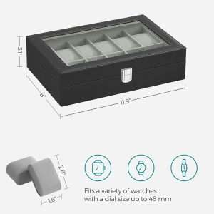 SONGMICS Watch Box, 12-Slot Watch Case with Large Glass Lid, Removable Watch Pillows, Watch Box Organizer, Christmas Gift , Black Synthetic Leather, Gray Lining - 6