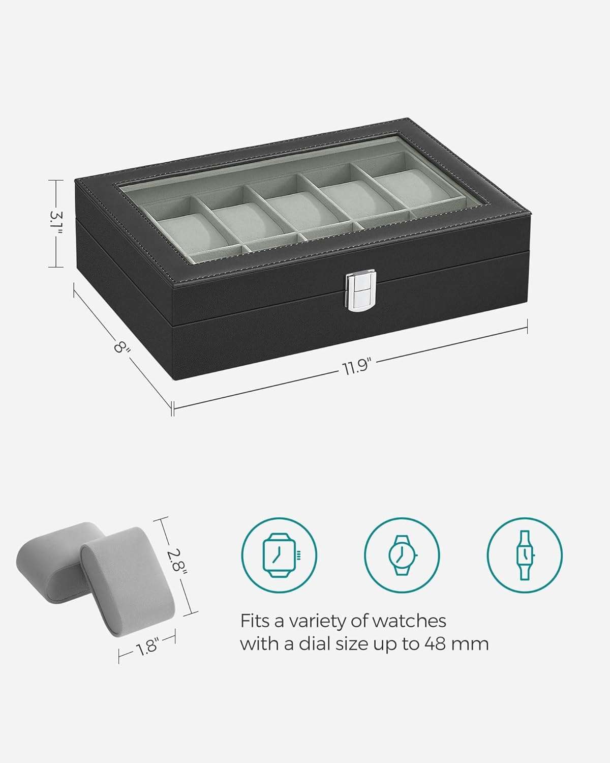 SONGMICS Watch Box, 12-Slot Watch Case with Large Glass Lid, Removable Watch Pillows, Watch Box Organizer, Christmas Gift , Black Synthetic Leather, Gray Lining - 6