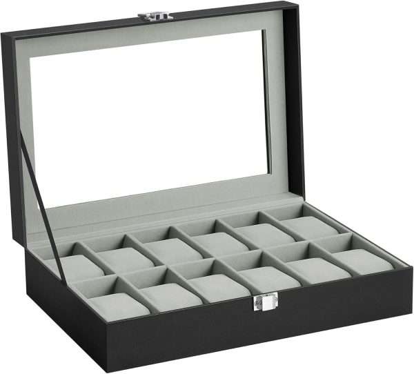 SONGMICS Watch Box, 12-Slot Watch Case with Large Glass Lid, Removable Watch Pillows, Watch Box Organizer, Christmas Gift , Black Synthetic Leather, Gray Lining - 8