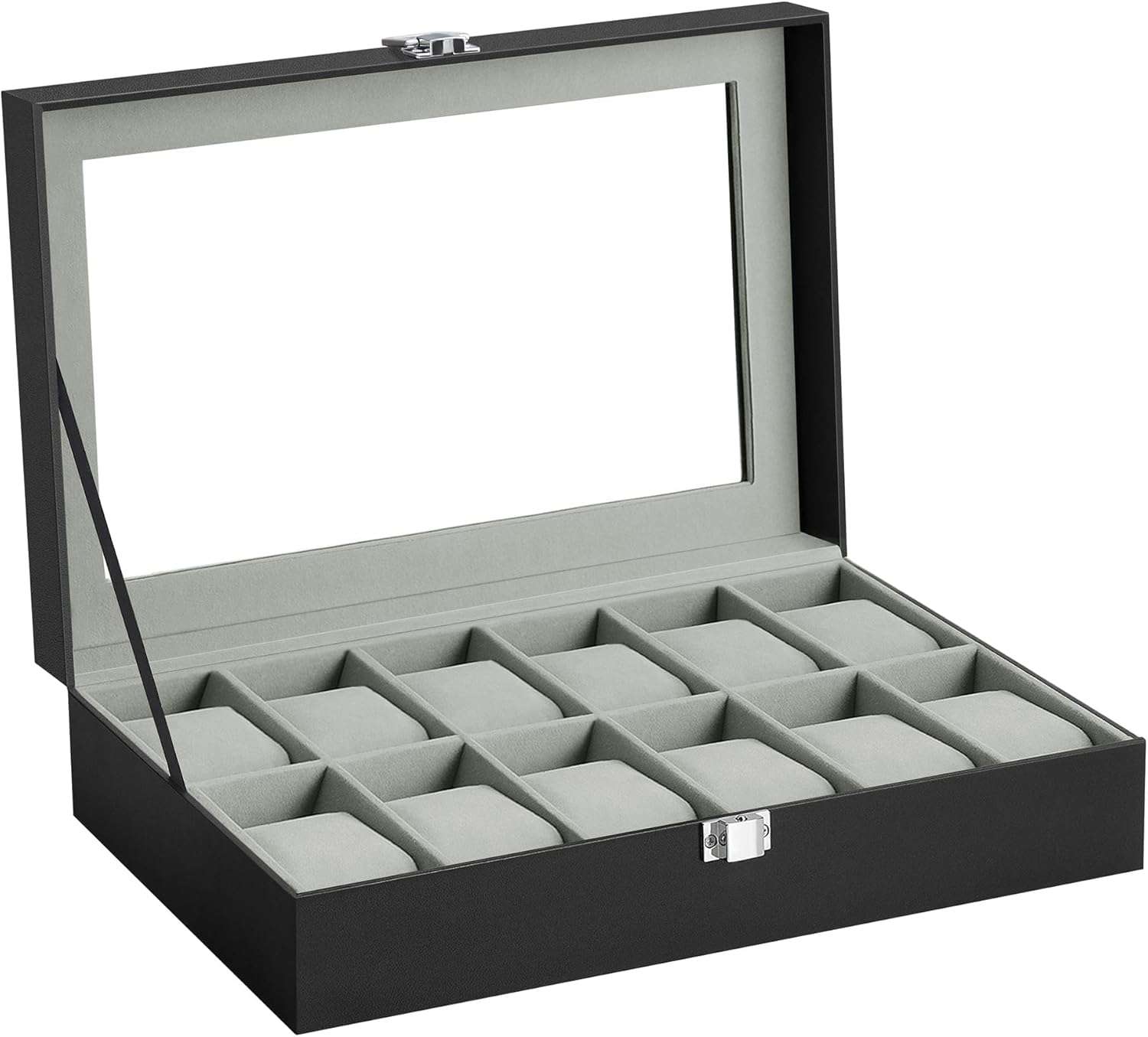 SONGMICS Watch Box, 12-Slot Watch Case with Large Glass Lid, Removable Watch Pillows, Watch Box Organizer, Christmas Gift , Black Synthetic Leather, Gray Lining - 8