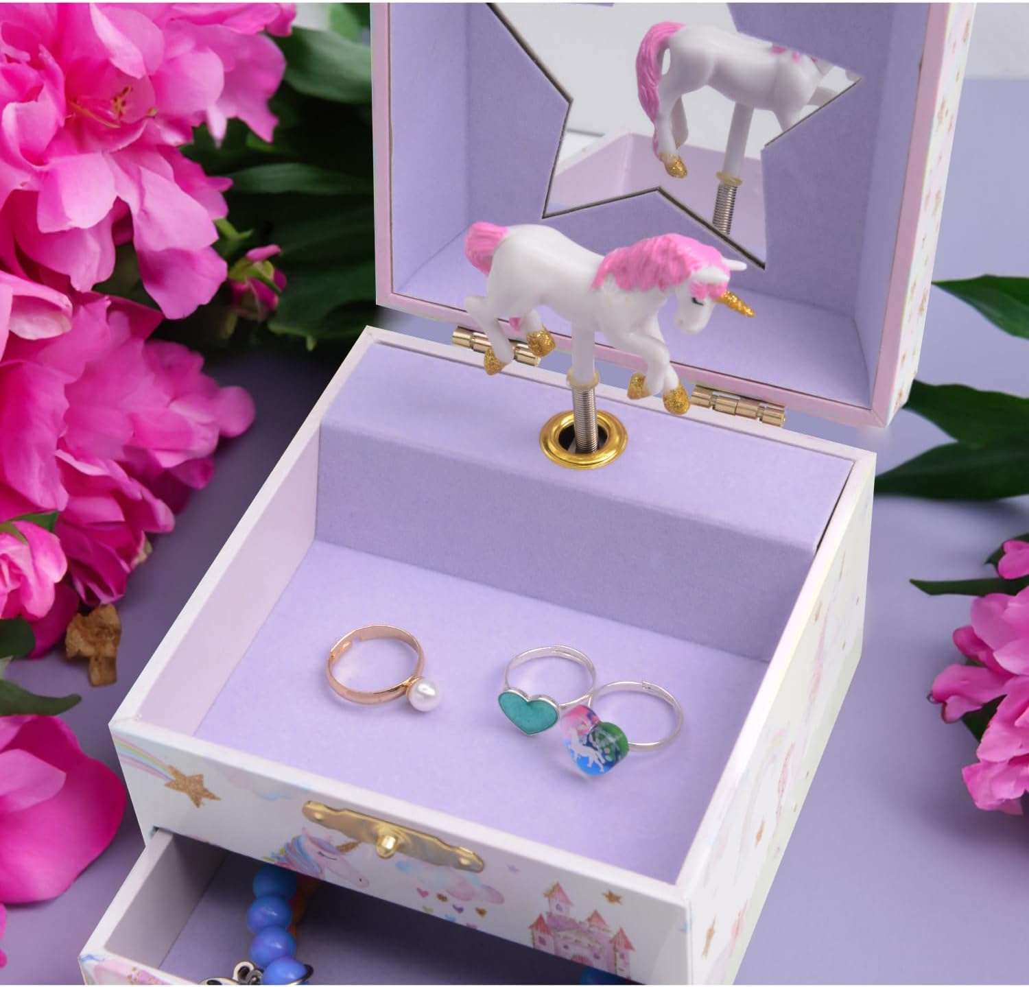 Jewelkeeper Jewelry Box for Girls with 1 Drawer - Unicorn Musical Jewelry Boxes, Beautiful Dreamer Tune, Spinning Unicorn Doll, Little Girl Jewelry Box, Gifts for 5 Year Old Girls, Engineered Wood - 5