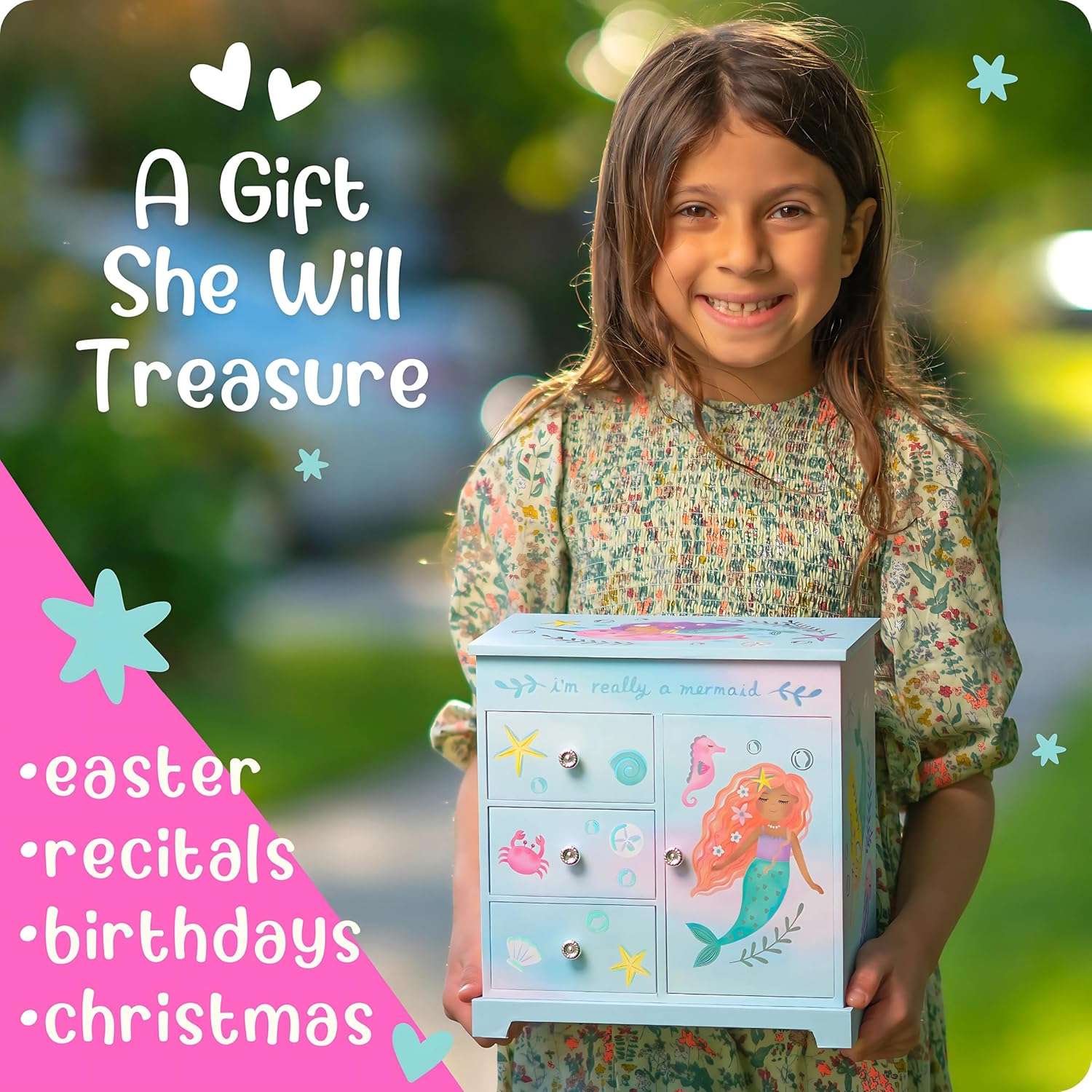 Mermaid Musical Jewelry Box for Girls - Kids Music Box with Drawers, Mermaid Gifts for Girls, Mermaid Jewelry Boxes for Ages 3-10 - 9 x 5 x 9.3 in - 2