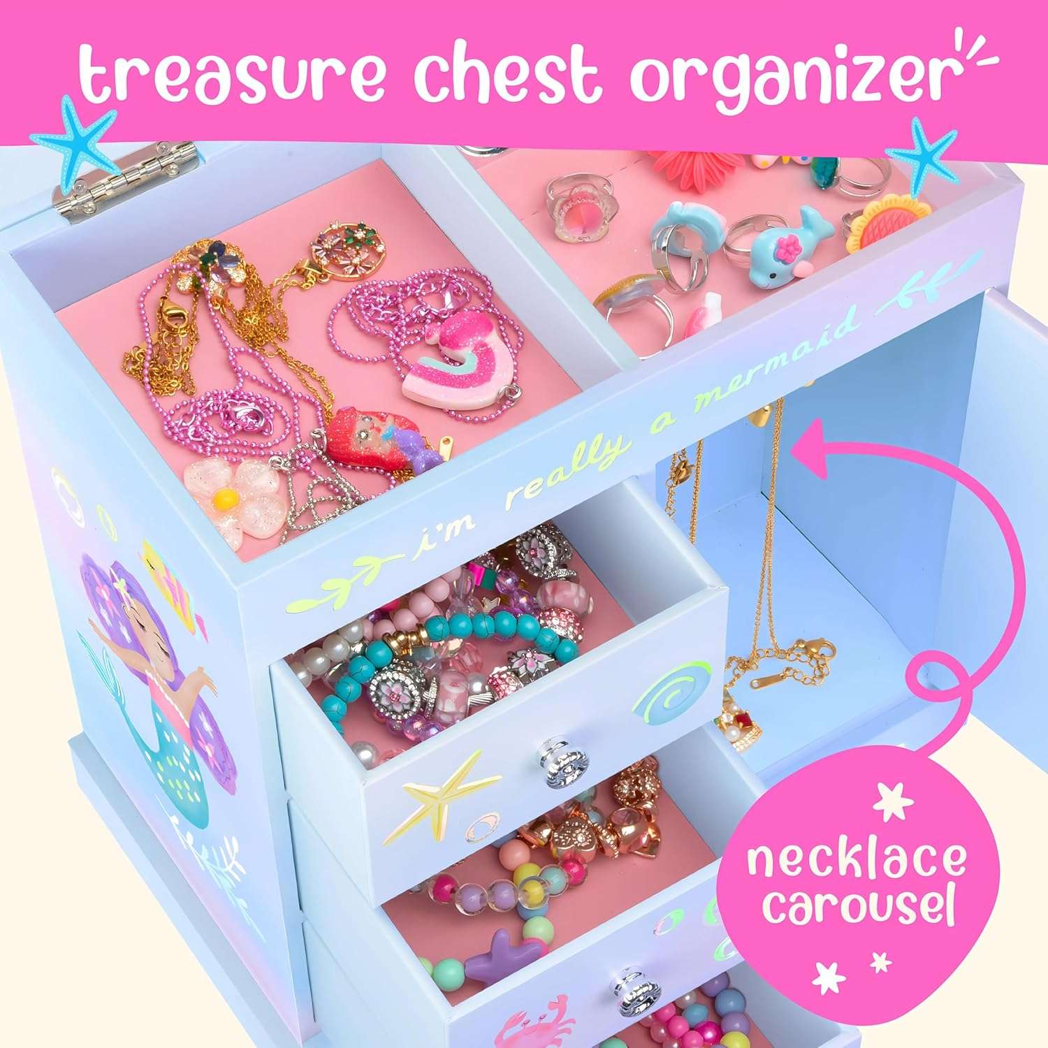 Mermaid Musical Jewelry Box for Girls - Kids Music Box with Drawers, Mermaid Gifts for Girls, Mermaid Jewelry Boxes for Ages 3-10 - 9 x 5 x 9.3 in - 3