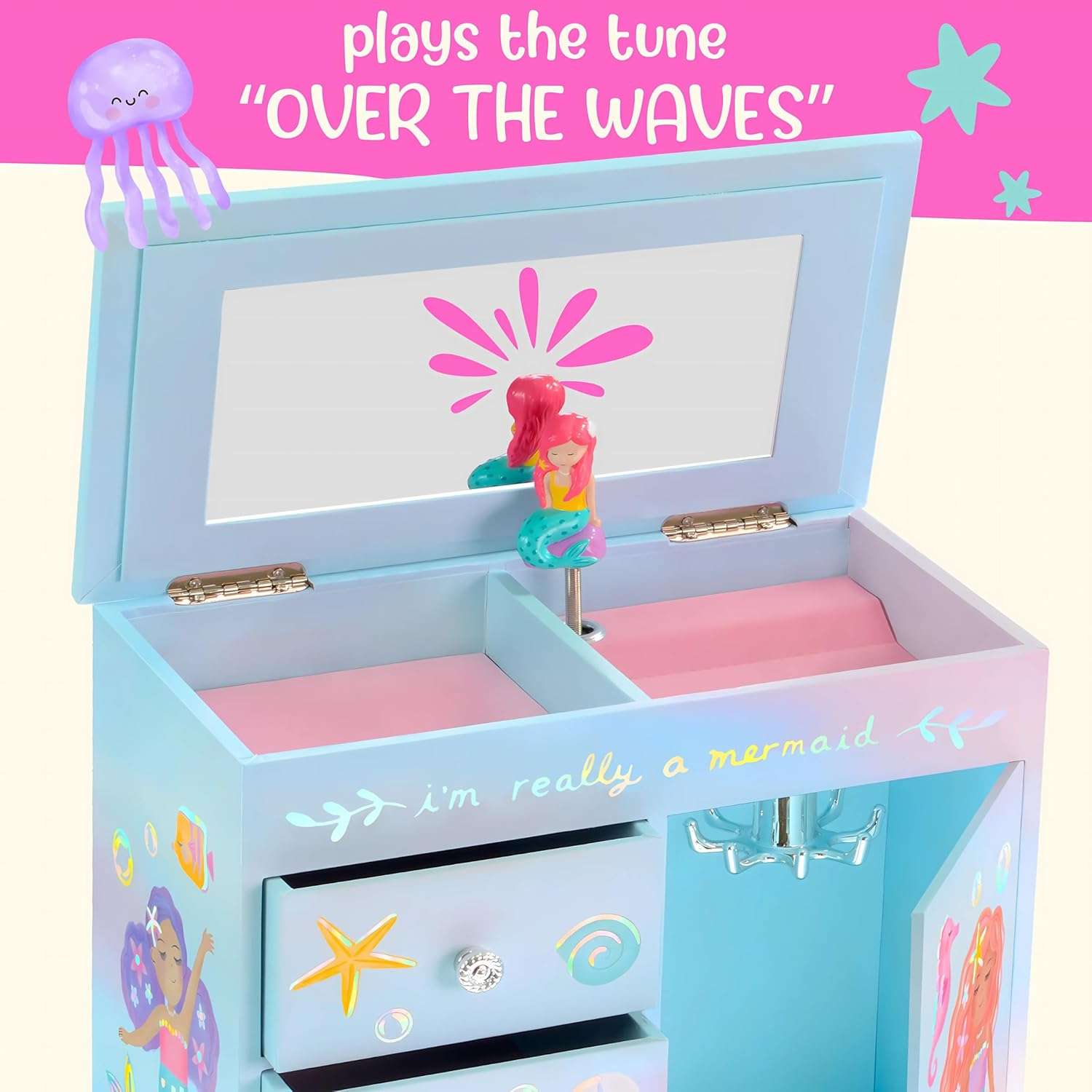 Mermaid Musical Jewelry Box for Girls - Kids Music Box with Drawers, Mermaid Gifts for Girls, Mermaid Jewelry Boxes for Ages 3-10 - 9 x 5 x 9.3 in - 6