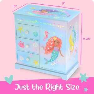 Mermaid Musical Jewelry Box for Girls - Kids Music Box with Drawers, Mermaid Gifts for Girls, Mermaid Jewelry Boxes for Ages 3-10 - 9 x 5 x 9.3 in - 8