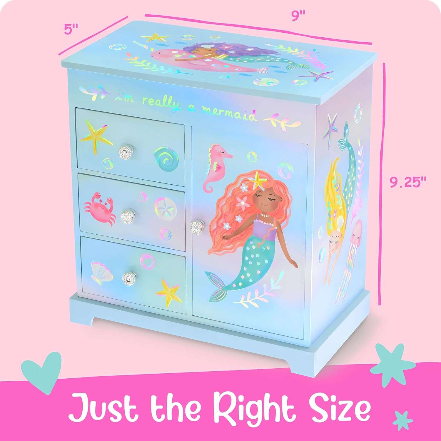 Mermaid Musical Jewelry Box for Girls - Kids Music Box with Drawers, Mermaid Gifts for Girls, Mermaid Jewelry Boxes for Ages 3-10 - 9 x 5 x 9.3 in - 8