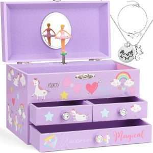 Musical Jewelry Box for Girls 3 Layer Music Box with Drawers Spinning Ballerina Unicorn Design Included Unicorn Jewelry Set Kids Birthday Christmas Gifts for Girls, Purple - 1