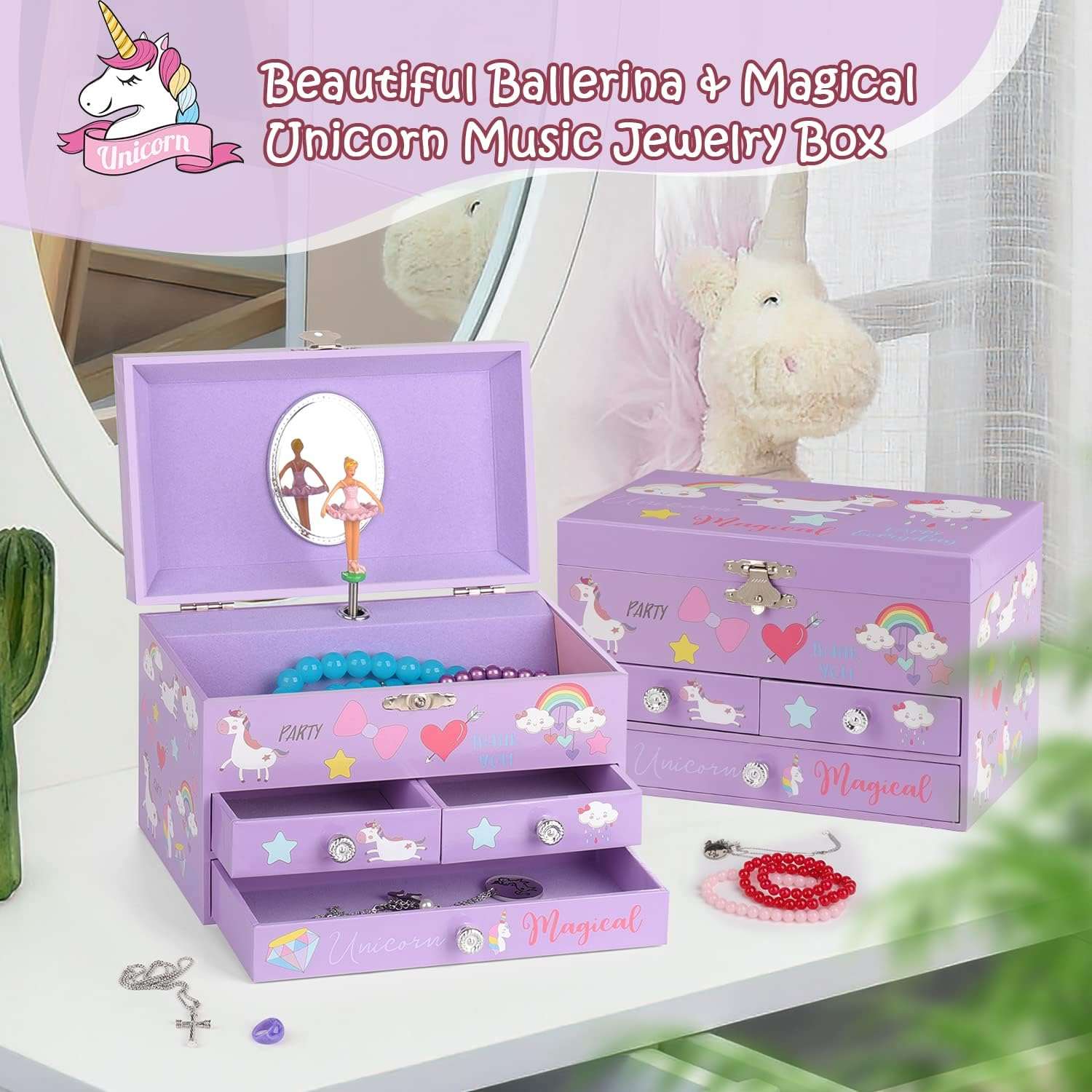 Musical Jewelry Box for Girls 3 Layer Music Box with Drawers Spinning Ballerina Unicorn Design Included Unicorn Jewelry Set Kids Birthday Christmas Gifts for Girls, Purple - 2