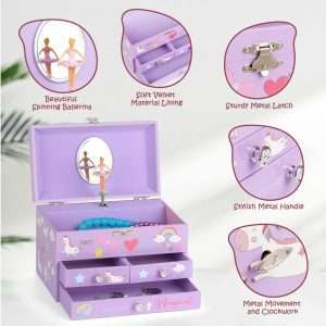 Musical Jewelry Box for Girls 3 Layer Music Box with Drawers Spinning Ballerina Unicorn Design Included Unicorn Jewelry Set Kids Birthday Christmas Gifts for Girls, Purple - 3