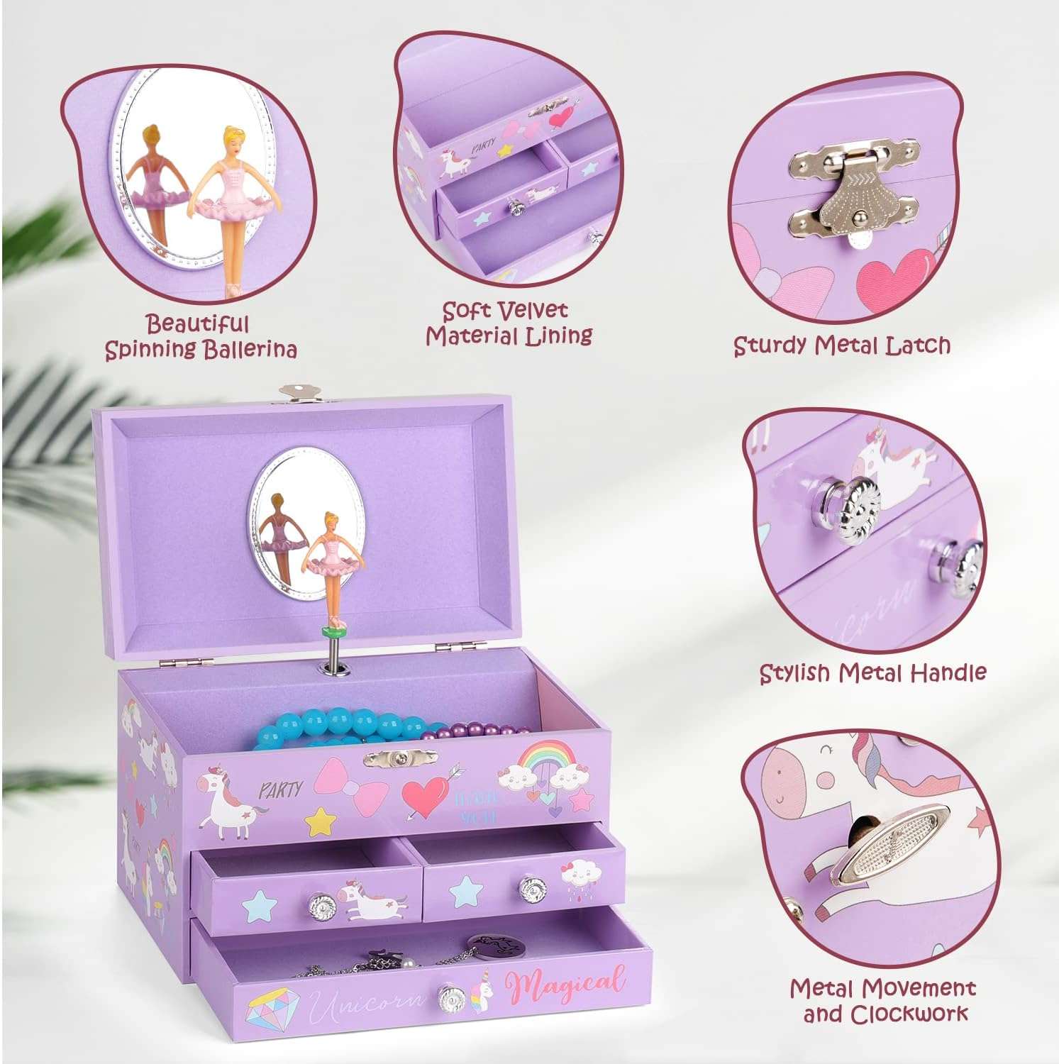 Musical Jewelry Box for Girls 3 Layer Music Box with Drawers Spinning Ballerina Unicorn Design Included Unicorn Jewelry Set Kids Birthday Christmas Gifts for Girls, Purple - 3