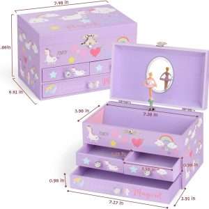 Musical Jewelry Box for Girls 3 Layer Music Box with Drawers Spinning Ballerina Unicorn Design Included Unicorn Jewelry Set Kids Birthday Christmas Gifts for Girls, Purple - 4