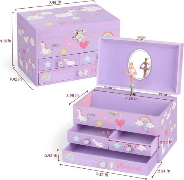 Musical Jewelry Box for Girls 3 Layer Music Box with Drawers Spinning Ballerina Unicorn Design Included Unicorn Jewelry Set Kids Birthday Christmas Gifts for Girls, Purple - 4