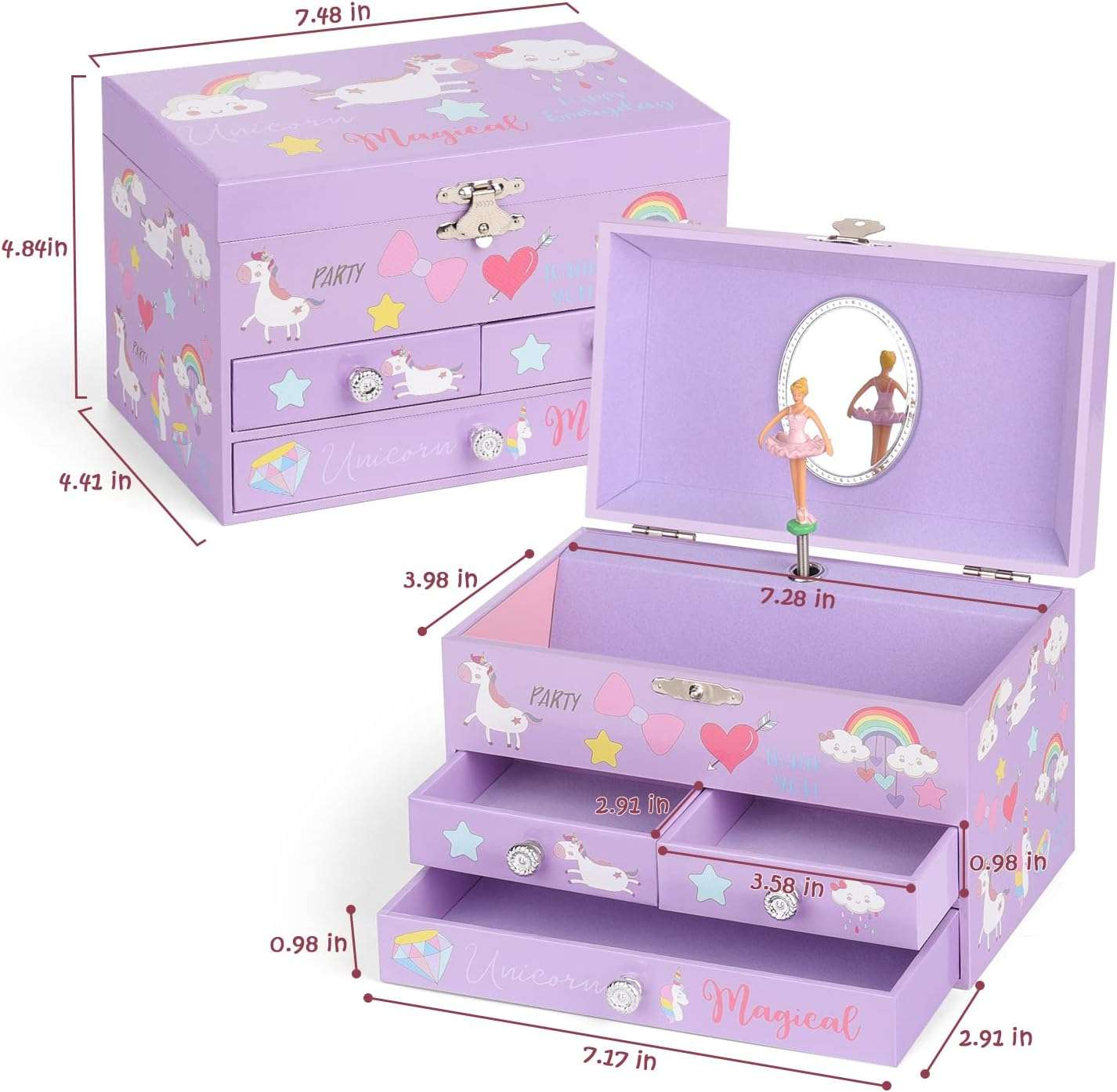 Musical Jewelry Box for Girls 3 Layer Music Box with Drawers Spinning Ballerina Unicorn Design Included Unicorn Jewelry Set Kids Birthday Christmas Gifts for Girls, Purple - 4