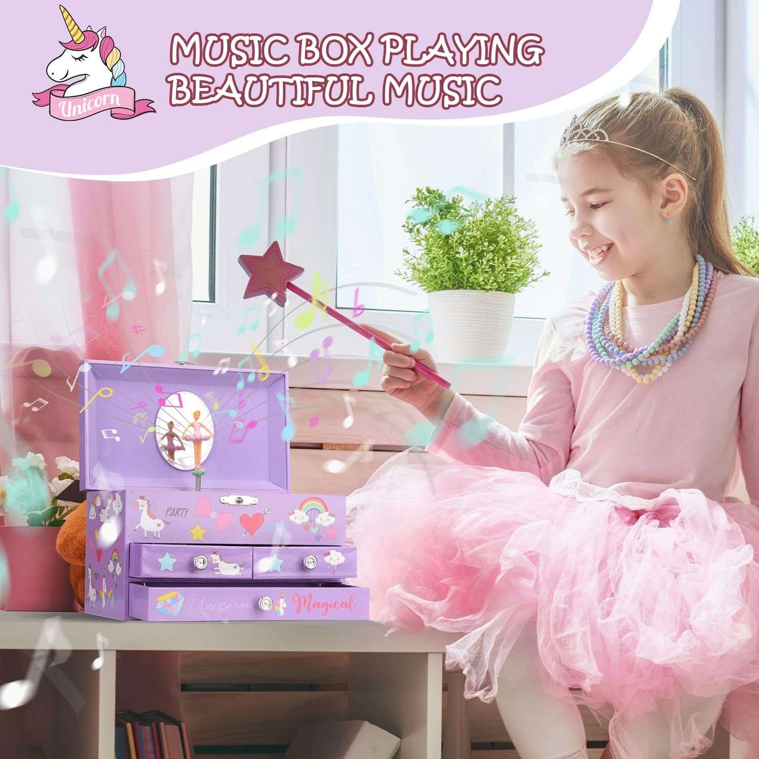Musical Jewelry Box for Girls 3 Layer Music Box with Drawers Spinning Ballerina Unicorn Design Included Unicorn Jewelry Set Kids Birthday Christmas Gifts for Girls, Purple - 5