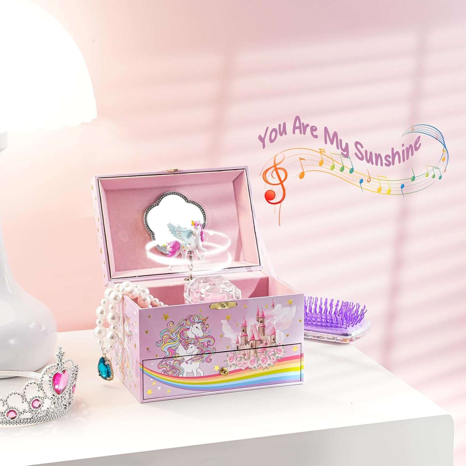 ProCase Children's Jewelry Box, Kids Jewelry Organizer with Unicorn for Little Girls Toddler, Jewelry Case for Necklace Earrings Bracelet Watch Lipstick Ring -Sunshine - 5