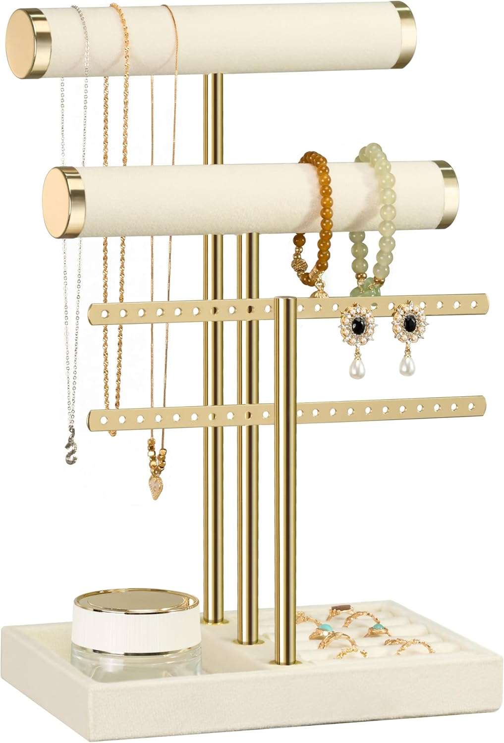 3 Tier Bracelet Holder Display - Detachable T Bar Beige Velvet Bracelet Holder, Jewelry Holder Organizer for Bracelet, Necklace, Earrings, Rings - 1